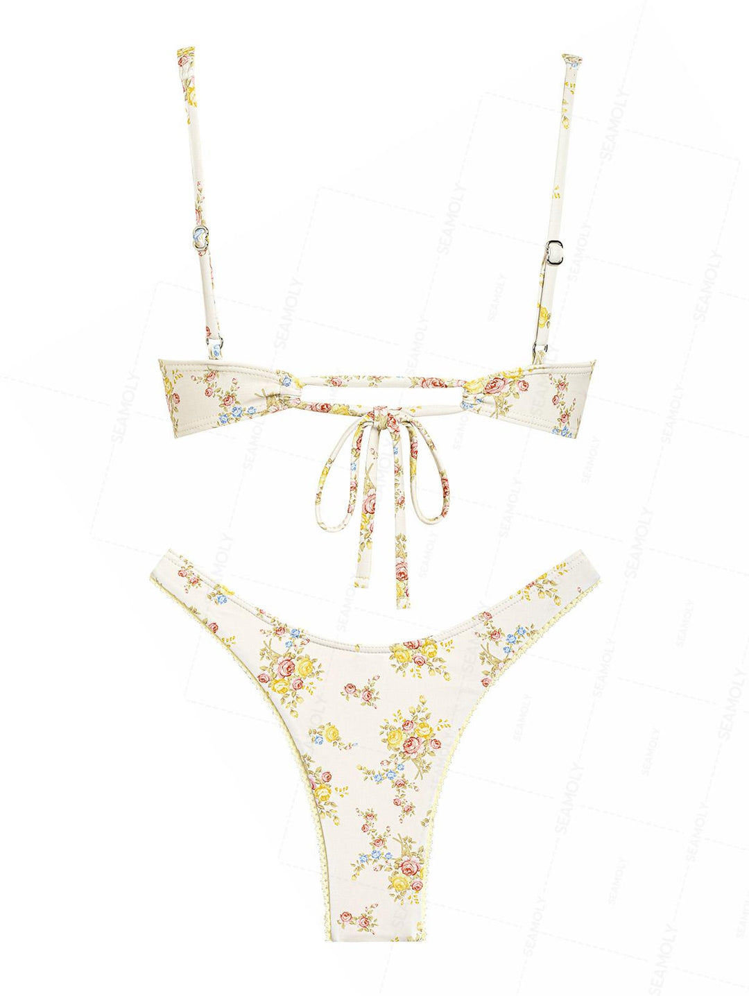 Seamolly Floral Print Lace Bowknot Underwire Bikini Set