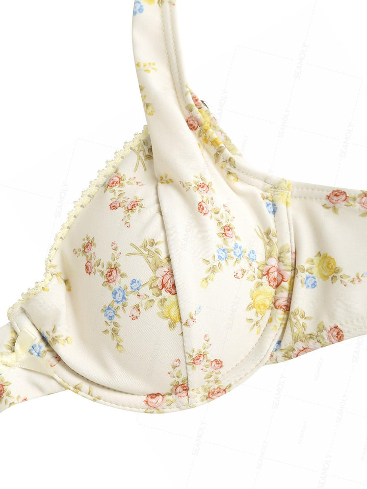 Seamolly Floral Print Lace Bowknot Underwire Bikini Set