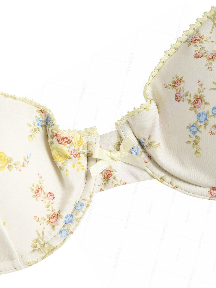 Seamolly Floral Print Lace Bowknot Underwire Bikini Set