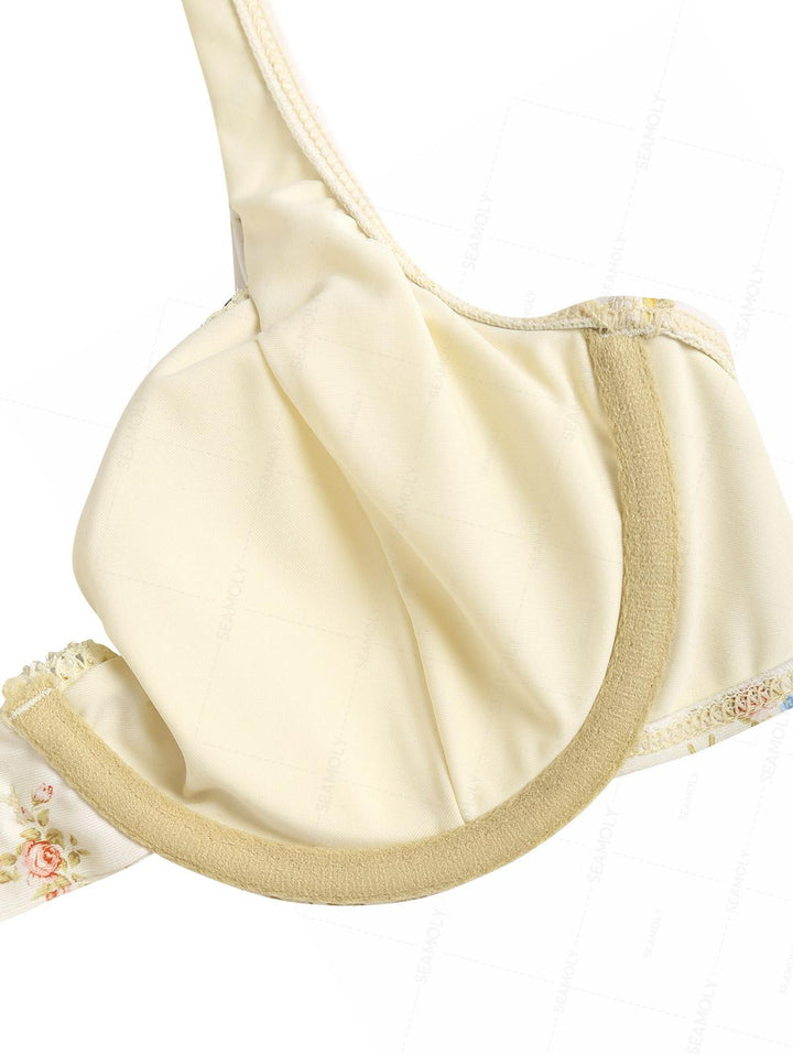 Seamolly Floral Print Lace Bowknot Underwire Bikini Set