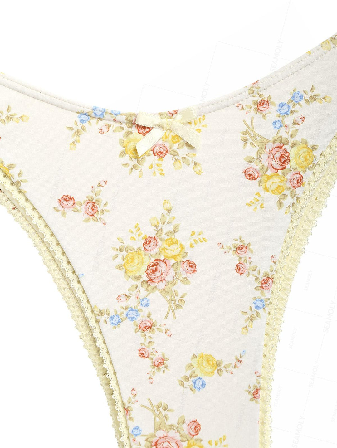 Seamolly Floral Print Lace Bowknot Underwire Bikini Set