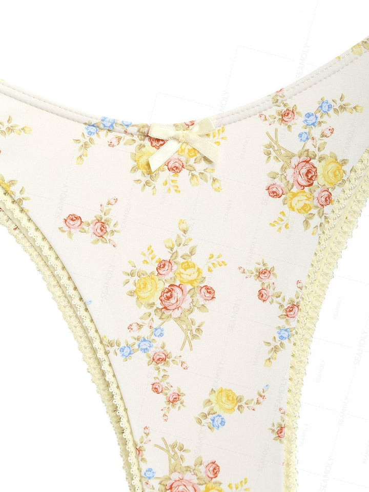 Seamolly Floral Print Lace Bowknot Underwire Bikini Set