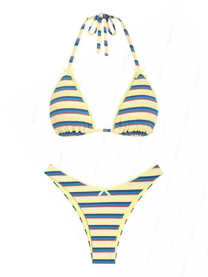 Seamolly Striped Lace Bowknot Triangle Cheeky Bikini Set