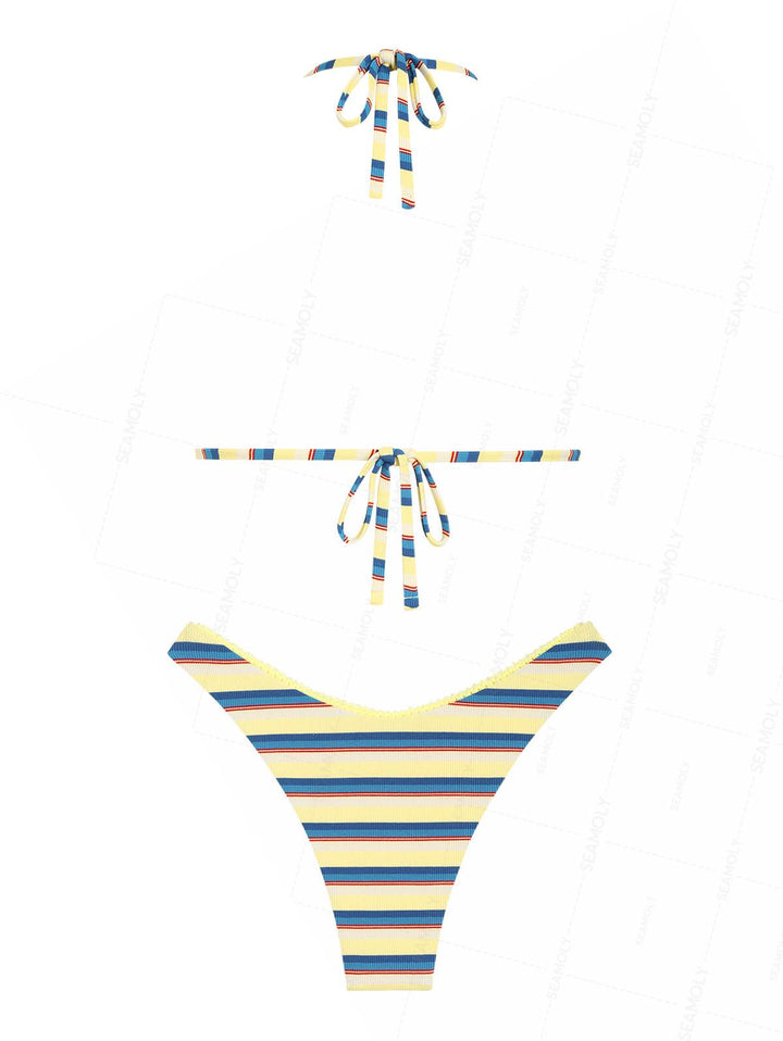 Seamolly Striped Lace Bowknot Triangle Cheeky Bikini Set