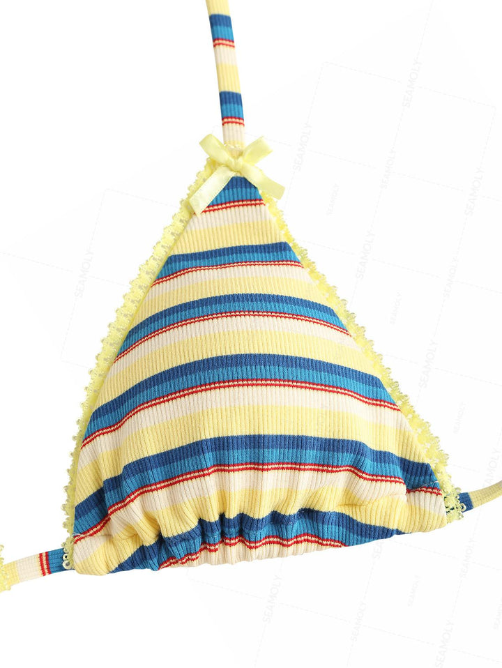 Seamolly Striped Lace Bowknot Triangle Cheeky Bikini Set