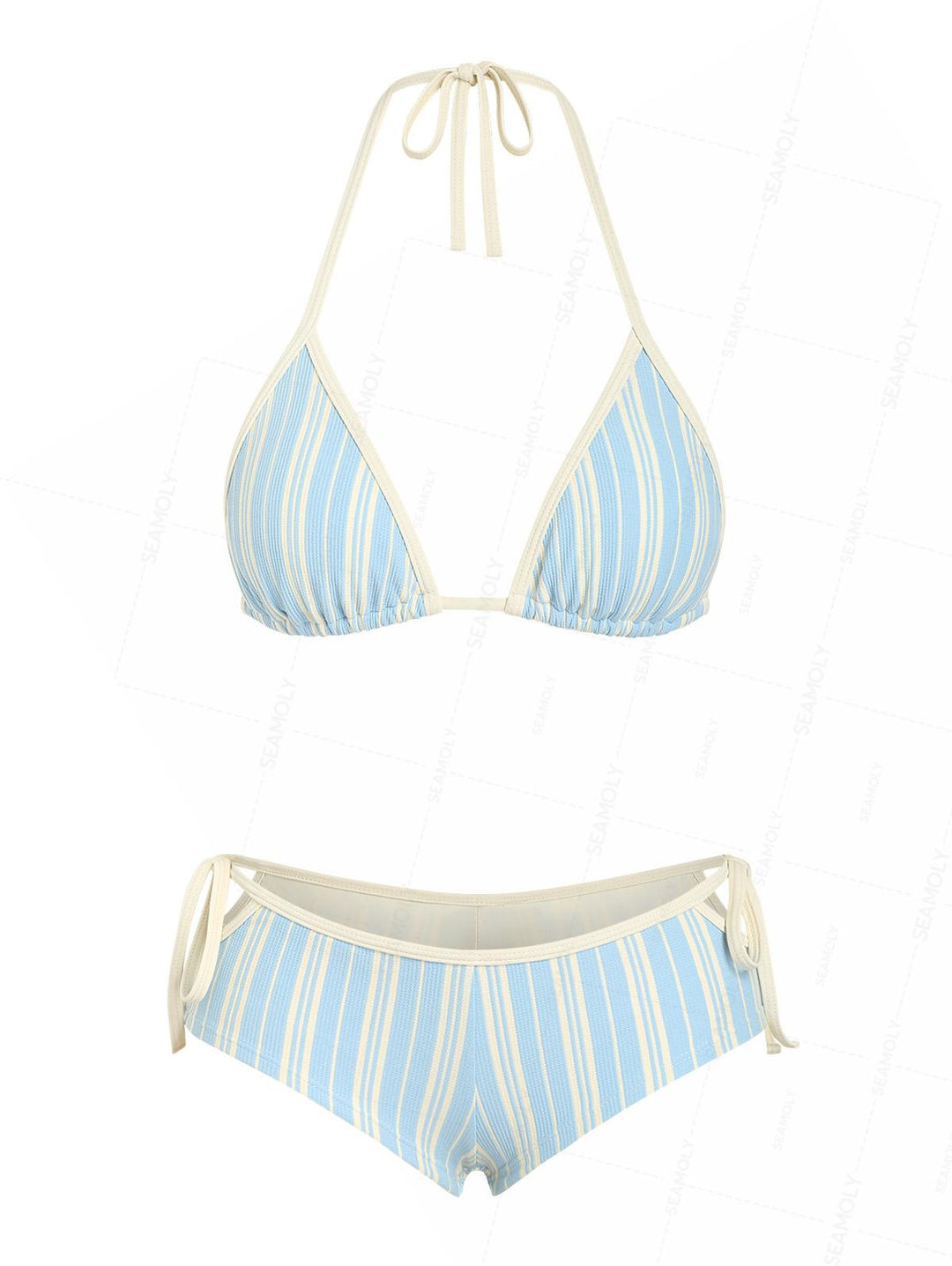 Seamolly Striped Contrast Binding Cutout Tied Cheeky Boyshorts Bikini Set