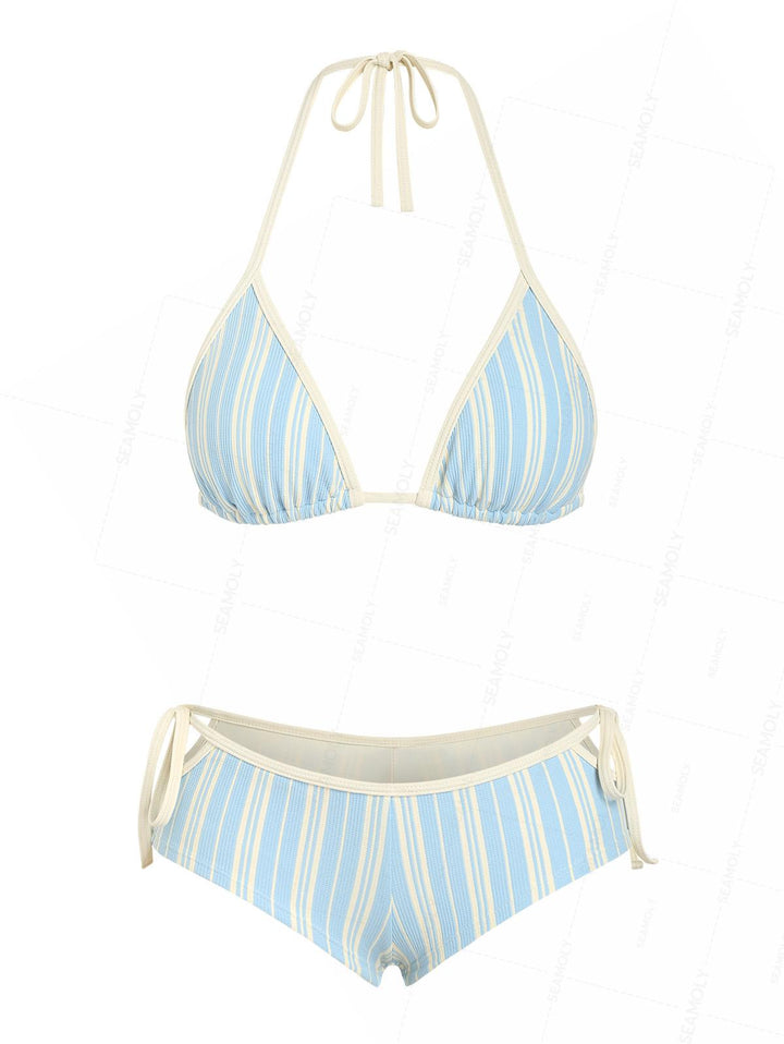 Seamolly Striped Contrast Binding Cutout Tied Cheeky Boyshorts Bikini Set