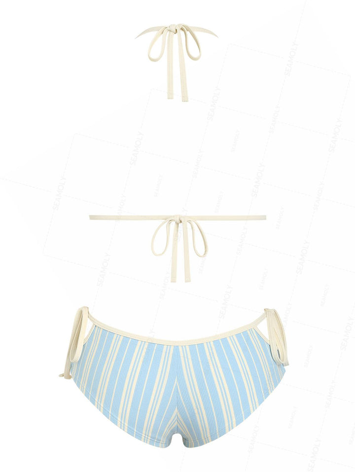 Seamolly Striped Contrast Binding Cutout Tied Cheeky Boyshorts Bikini Set