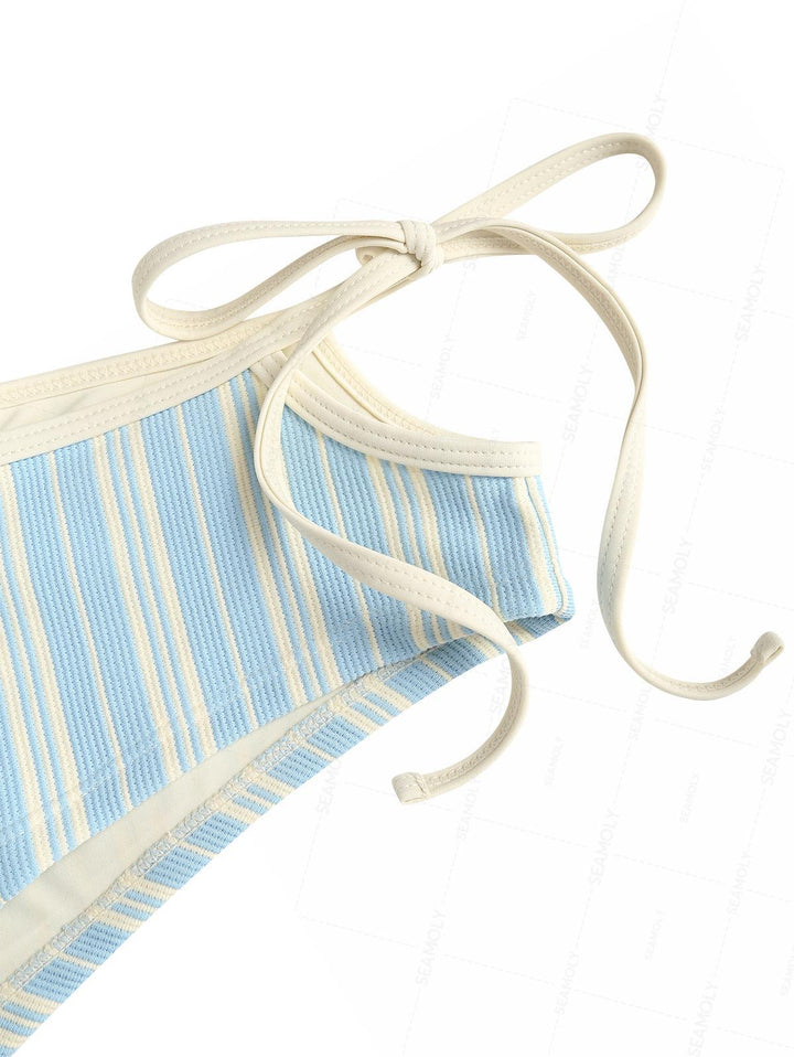 Seamolly Striped Contrast Binding Cutout Tied Cheeky Boyshorts Bikini Set