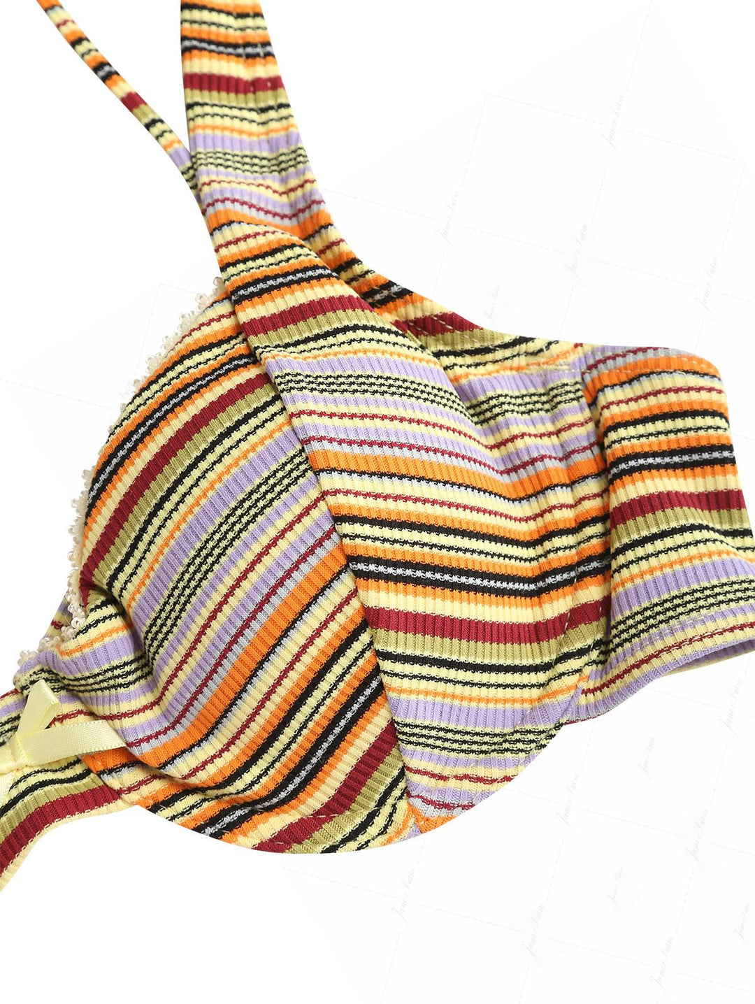 Yellow Ribbed Knit Striped Bowknot Underwire Cheeky Boyshorts Bikini Set