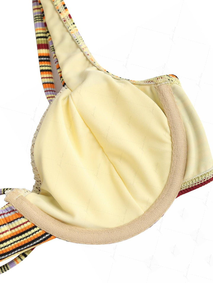 Yellow Ribbed Knit Striped Bowknot Underwire Cheeky Boyshorts Bikini Set