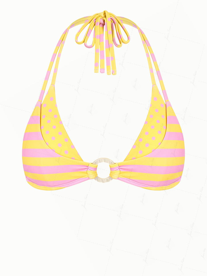 Yellow Striped Polka Dot Print O Ring Double Layer Bikini Top
