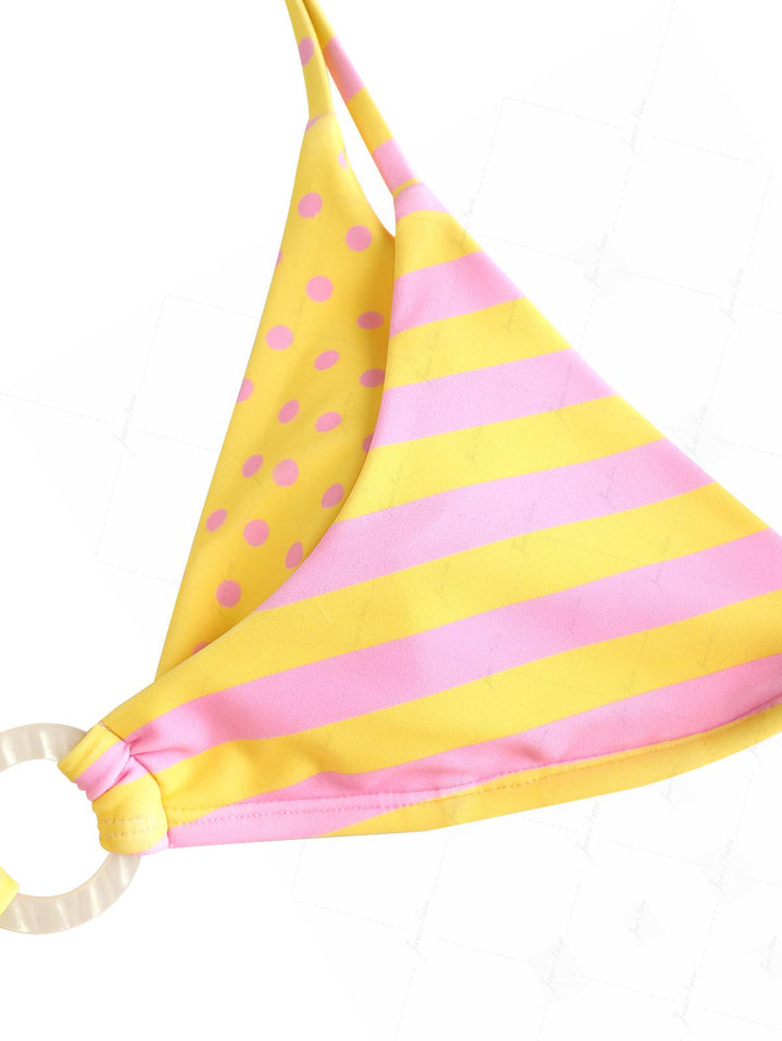 Yellow Striped Polka Dot O Ring Double Layer Top & Reversible Cheeky Brazilian Bottom Bikini Set