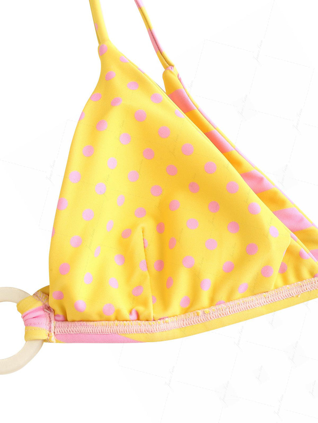 Yellow Striped Polka Dot O Ring Double Layer Top & Reversible Cheeky Brazilian Bottom Bikini Set