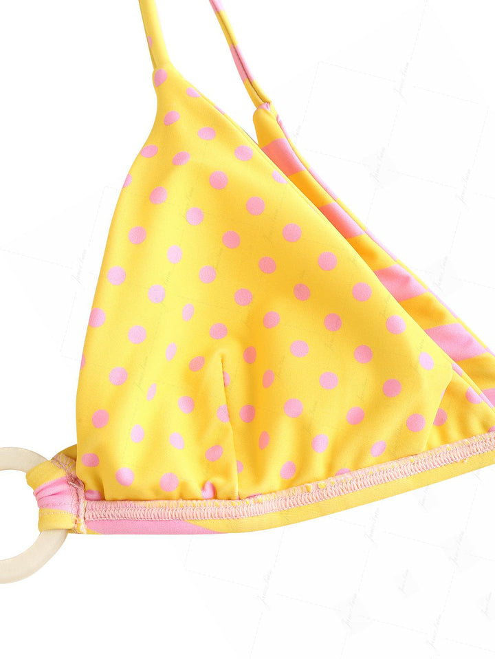 Yellow Striped Polka Dot O Ring Double Layer Top & Reversible Cheeky Brazilian Bottom Bikini Set