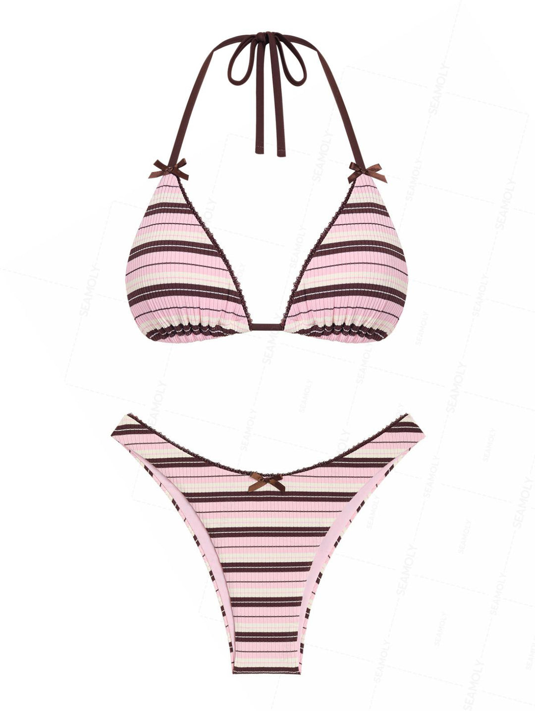 Seamolly 3 Piece Striped Lace Bowknot Triangle Cheeky Boyshort Bikini Set