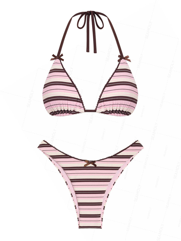 Seamolly 3 Piece Striped Lace Bowknot Triangle Cheeky Boyshort Bikini Set