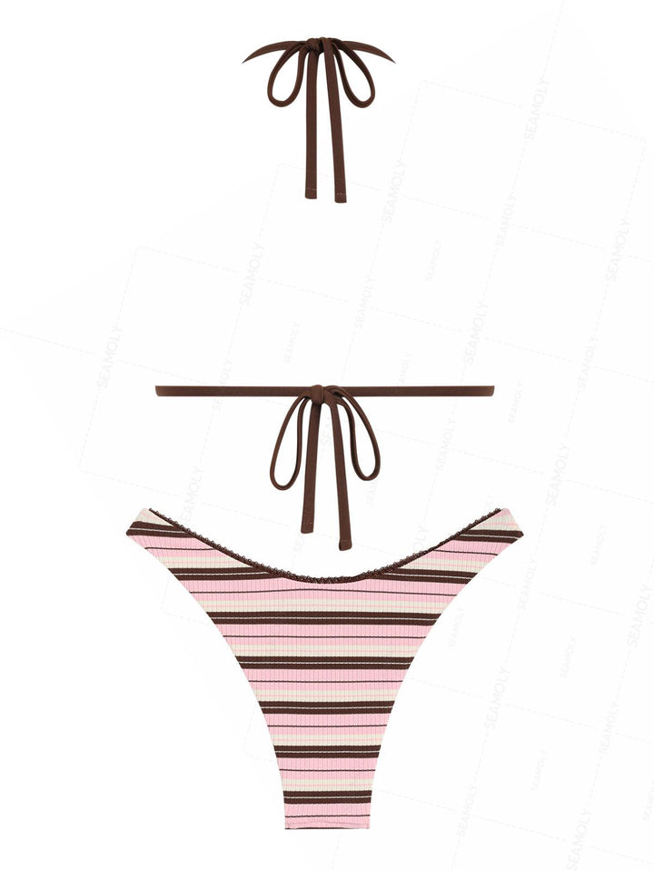 Seamolly 3 Piece Striped Lace Bowknot Triangle Cheeky Boyshort Bikini Set