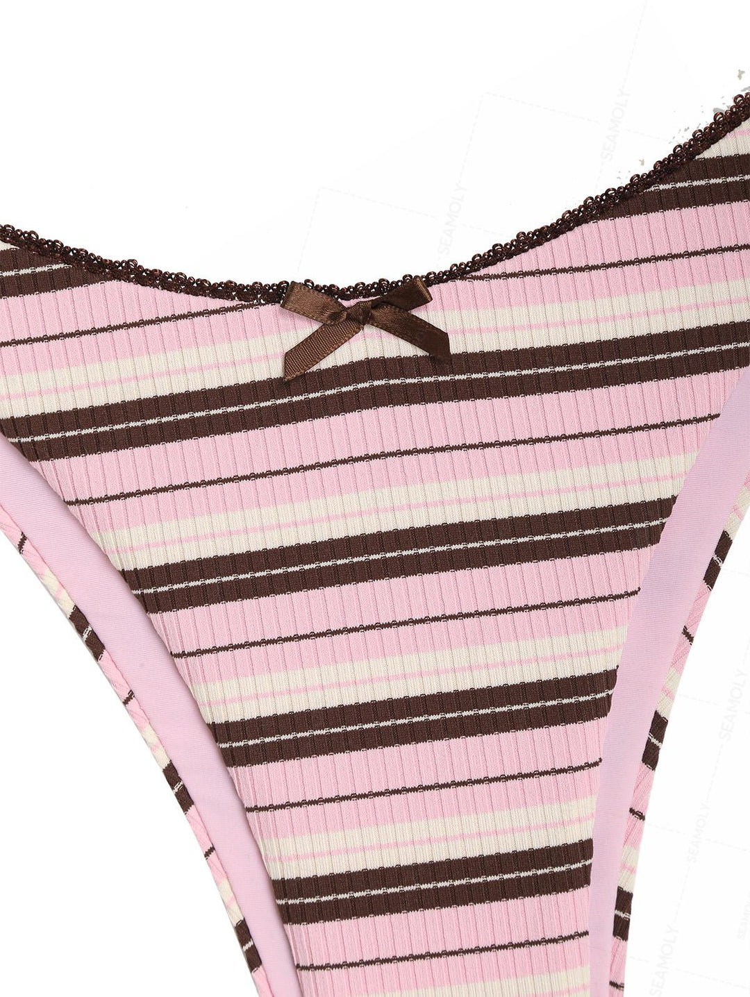 Seamolly 3 Piece Striped Lace Bowknot Triangle Cheeky Boyshort Bikini Set