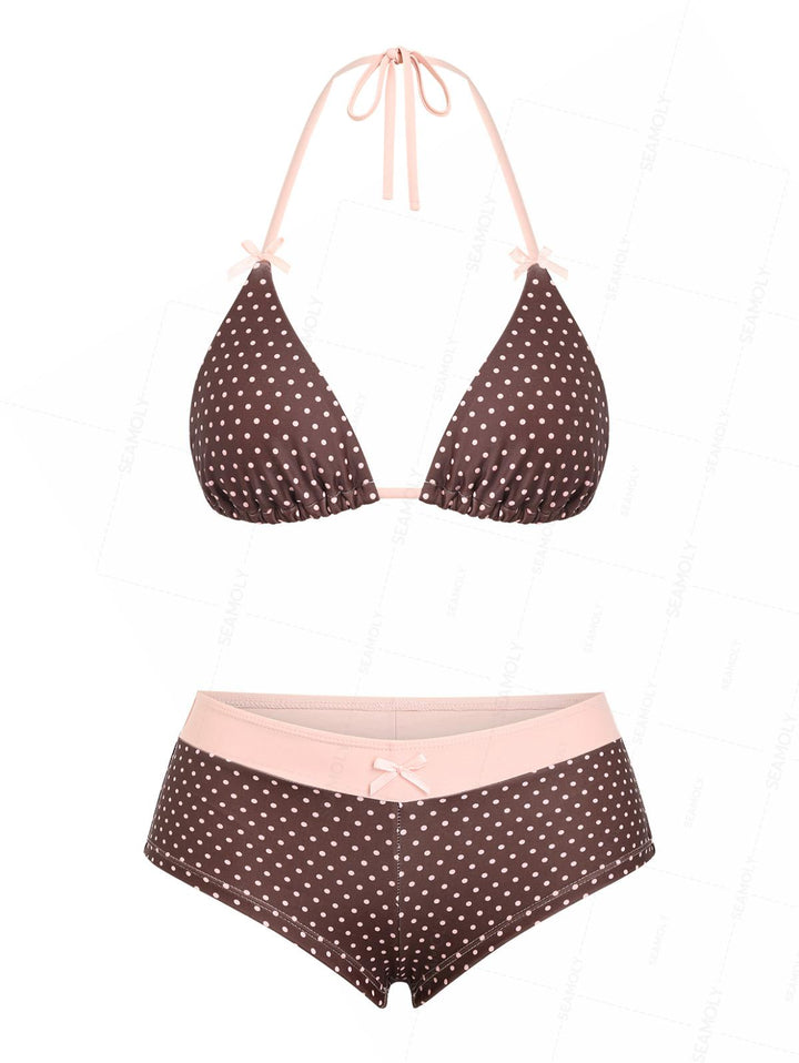 Seamolly Polka Dot Bowknot Triangle Cheeky Boyshorts Bikini Set