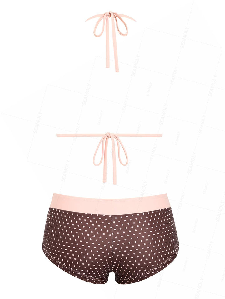 Seamolly Polka Dot Bowknot Triangle Cheeky Boyshorts Bikini Set