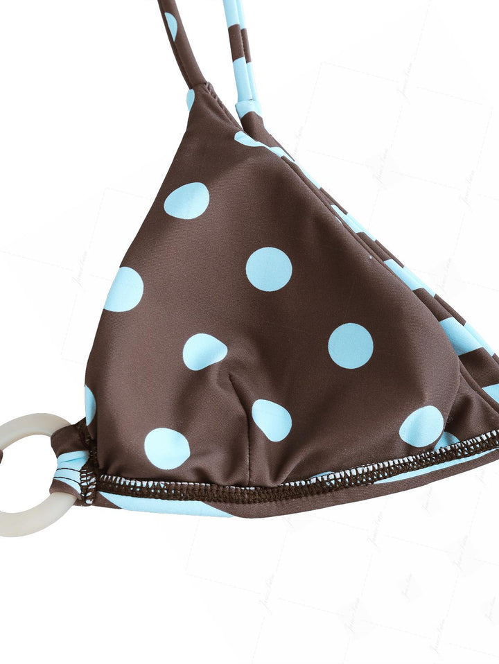 Coffee Striped Polka Dot O Ring Double Layer Top & Reversible Cheeky Brazilian Bottom Bikini Set