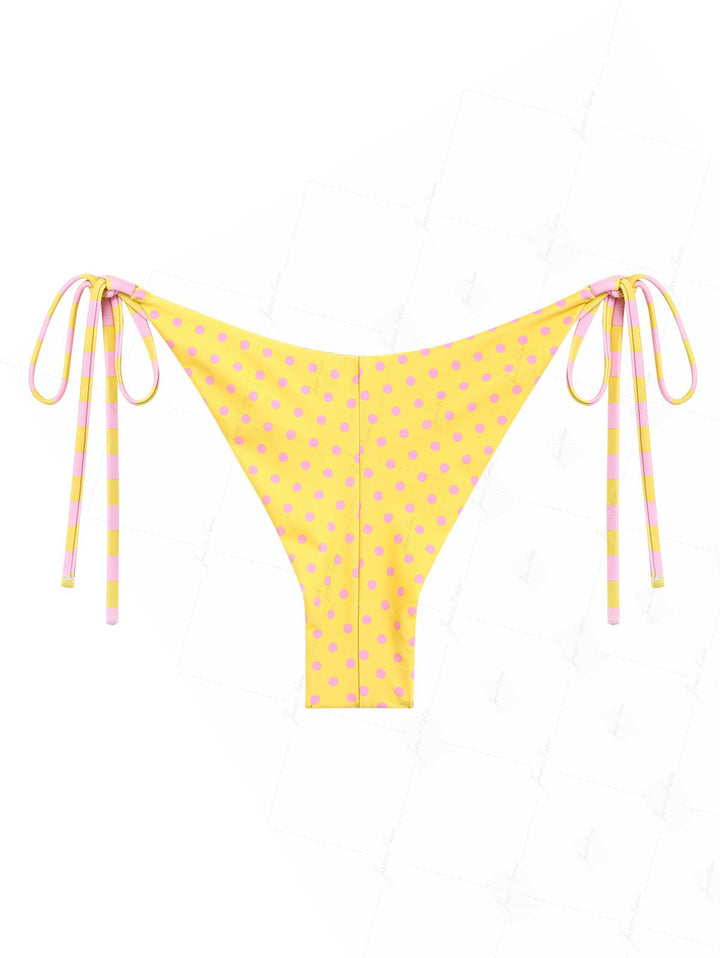 Yellow Striped Polka Dot Print Reversible Cheeky Brazilian Bikini Bottom