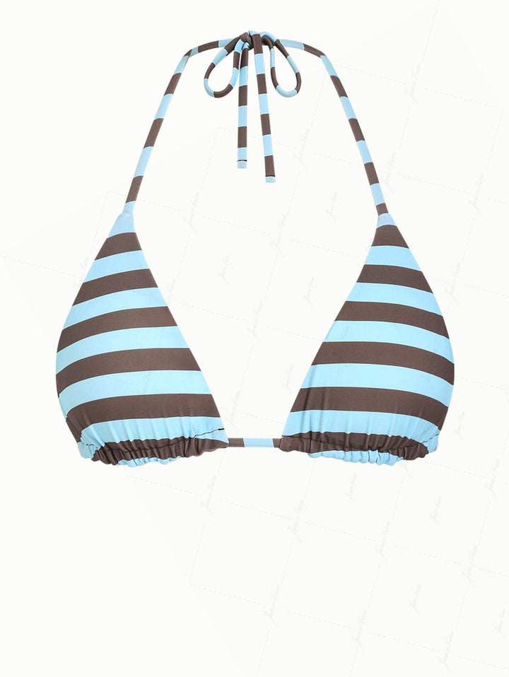 Coffee Striped Polka Dot Print Halter Triangle Reversible Bikini Top