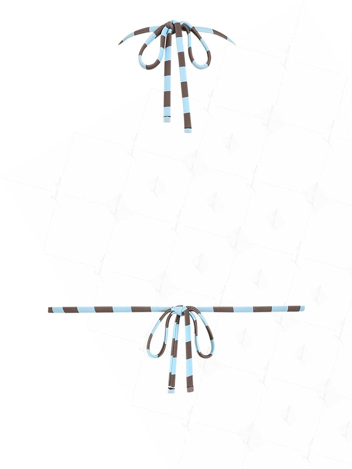 Coffee Striped Polka Dot Print Halter Triangle Reversible Bikini Top