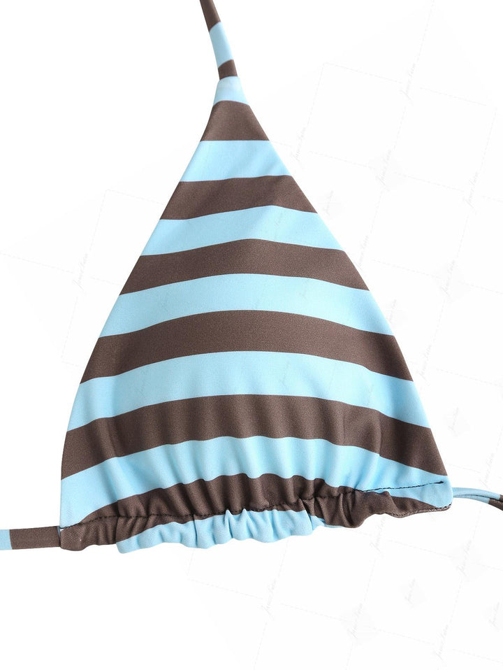 Coffee Striped Polka Dot Triangle Reversible Top & Cheeky Boyshorts Bikini Set