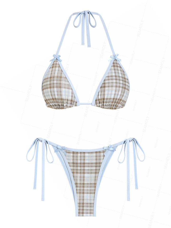 Seamolly Contrast Binding Plaid Bowknot Triangle String Bikini Set