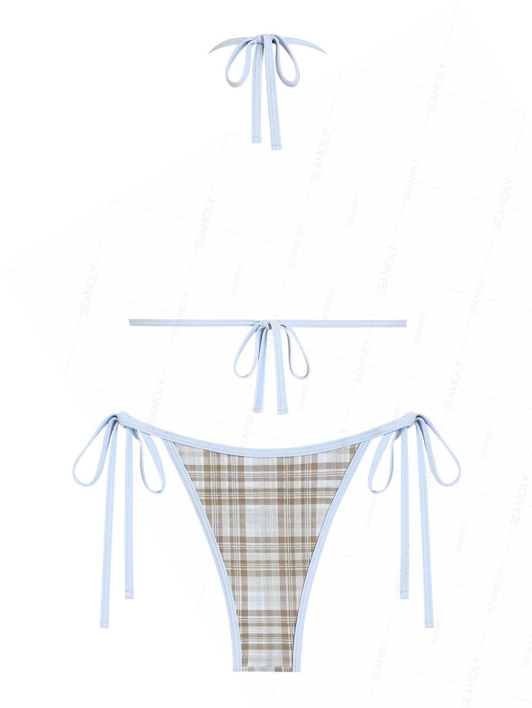 Seamolly Contrast Binding Plaid Bowknot Triangle String Bikini Set