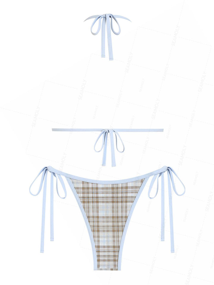 Seamolly Contrast Binding Plaid Bowknot Triangle String Bikini Set