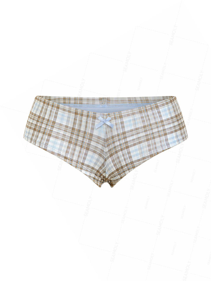 Seamolly 3 Piece Contrast Binding Plaid Bowknot Triangle Cheeky Boyshort Bikini Set