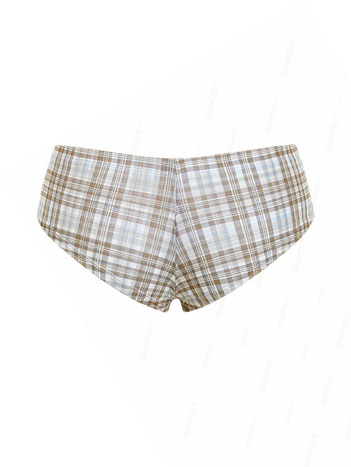 Seamolly 3 Piece Contrast Binding Plaid Bowknot Triangle Cheeky Boyshort Bikini Set