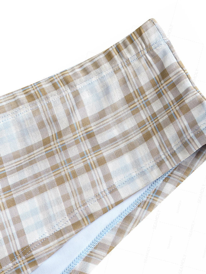 Seamolly 3 Piece Contrast Binding Plaid Bowknot Triangle Cheeky Boyshort Bikini Set