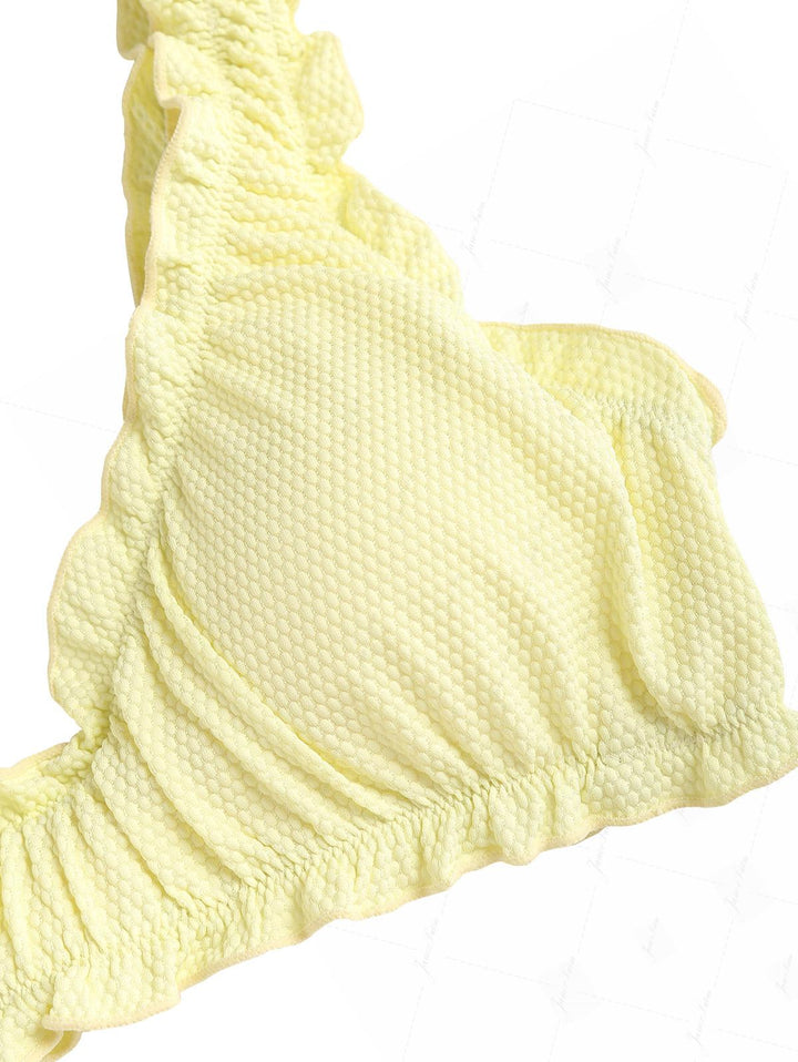 Light Yellow Textured Knit Fabric Ruffles Edge Bralette Bikini Set