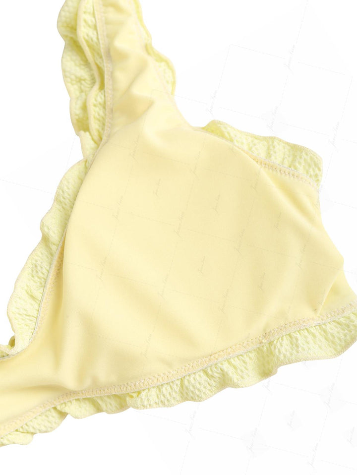 Light Yellow Textured Knit Fabric Ruffles Edge Bralette Bikini Set