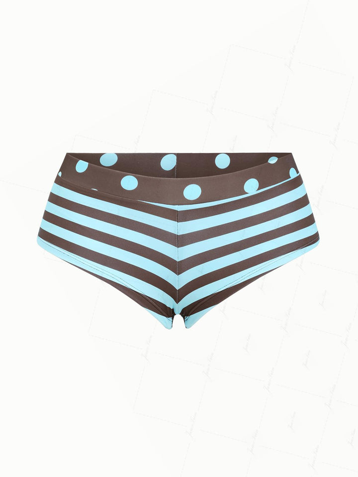 Coffee Striped Polka Dot Print Bikini Bottom Cheeky Swim Boyshorts