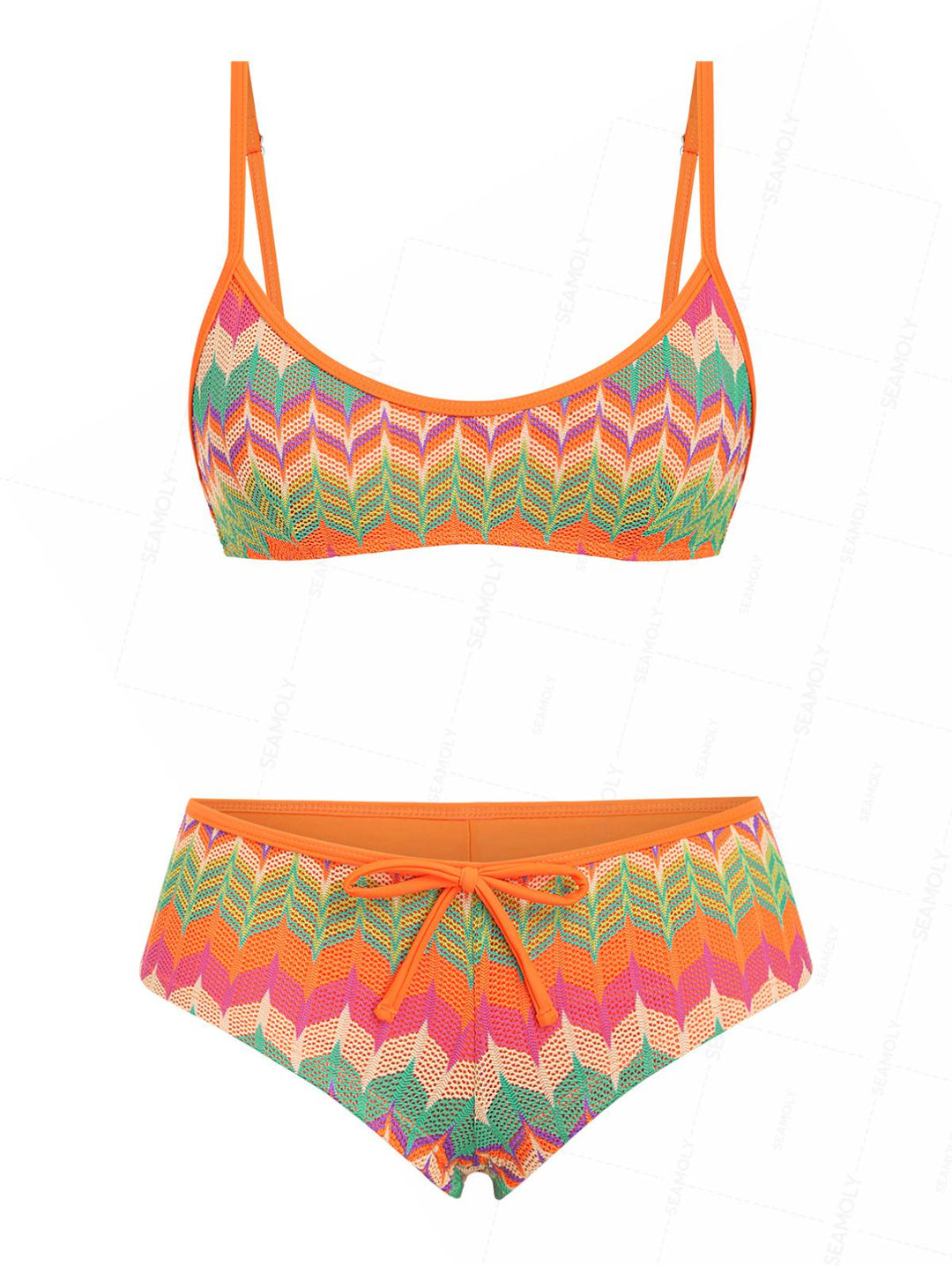 Seamolly Geometric Open-knit Textured Bralette Cheeky Boyshorts Bikini Set