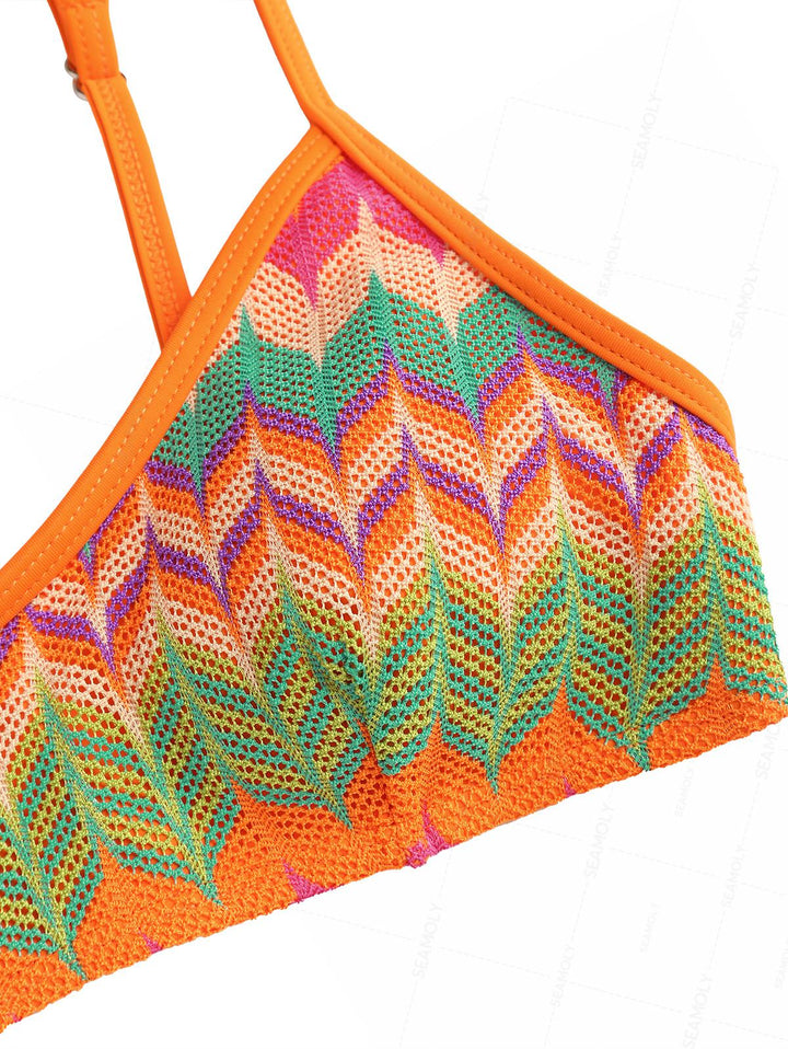 Seamolly Geometric Open-knit Textured Bralette Cheeky Boyshorts Bikini Set