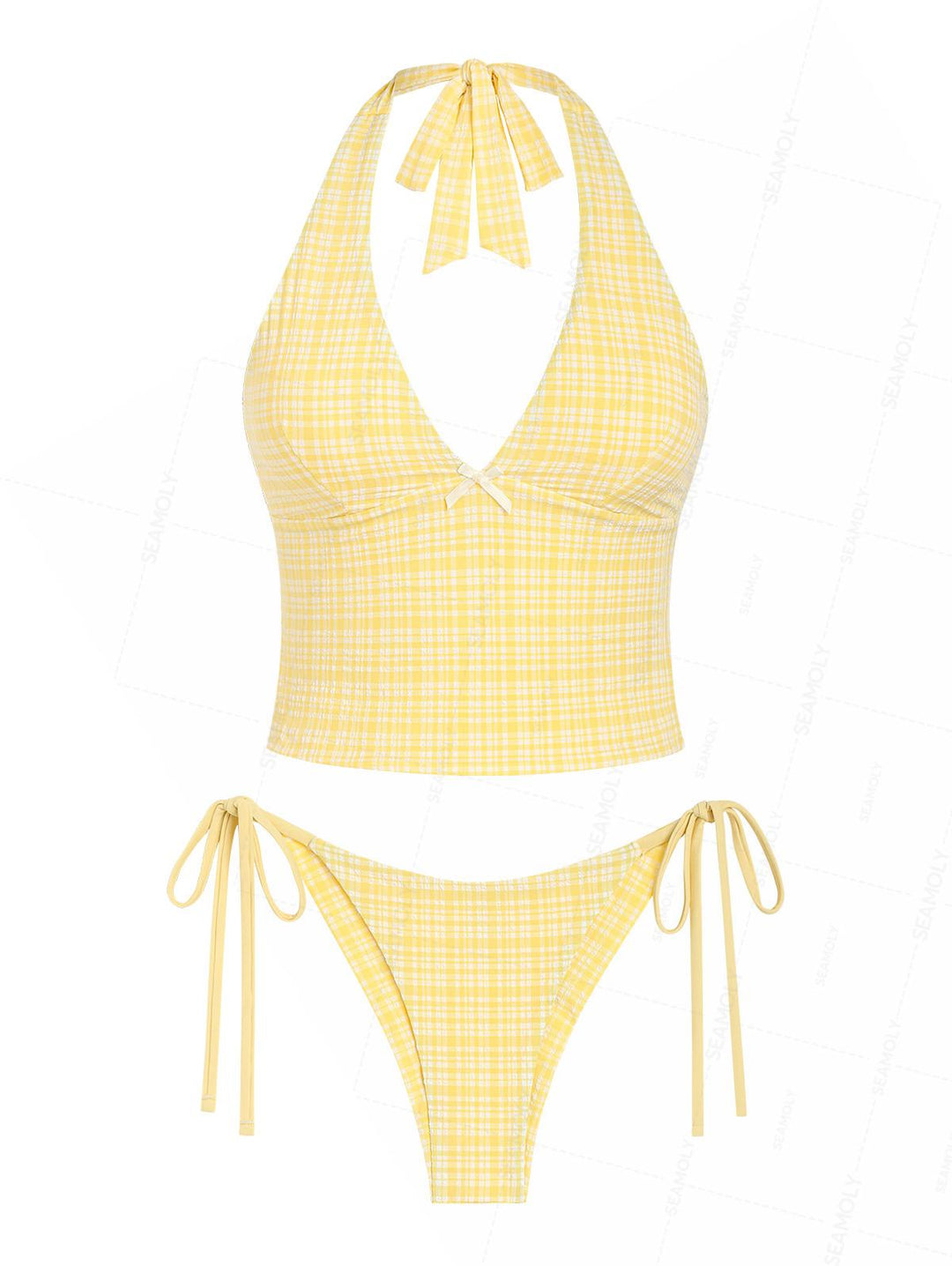 Seamolly Plaid Textured Halter Tank Top & Cheeky Brazilian Bottom Tankini Set