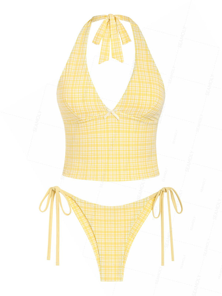 Seamolly Plaid Textured Halter Tank Top & Cheeky Brazilian Bottom Tankini Set