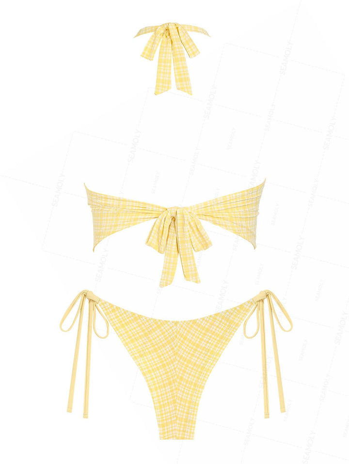 Seamolly Plaid Textured Halter Tank Top & Cheeky Brazilian Bottom Tankini Set