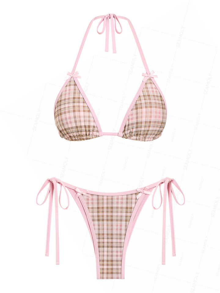Seamolly Contrast Binding Plaid Bowknot Triangle String Bikini Set