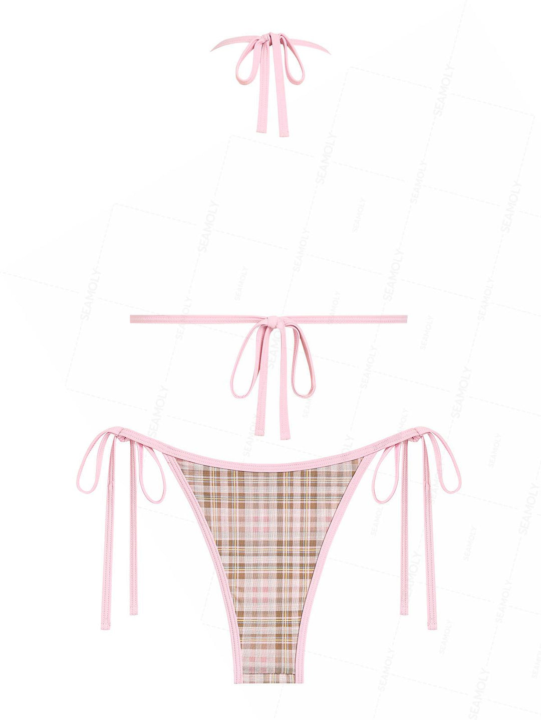 Seamolly Contrast Binding Plaid Bowknot Triangle String Bikini Set