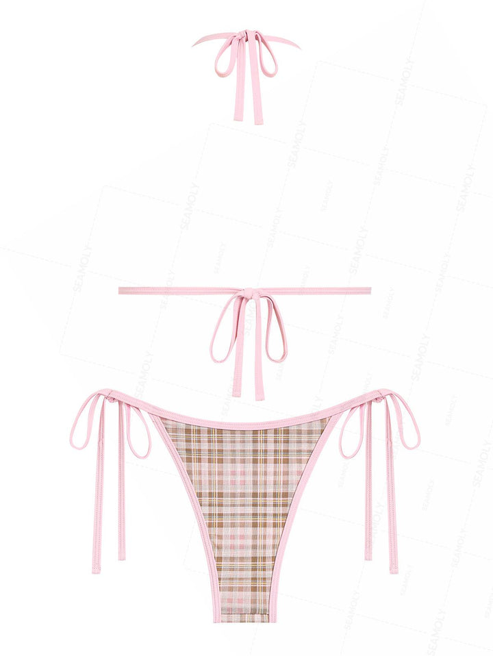 Seamolly Contrast Binding Plaid Bowknot Triangle String Bikini Set