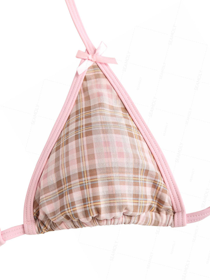 Seamolly Contrast Binding Plaid Bowknot Triangle String Bikini Set