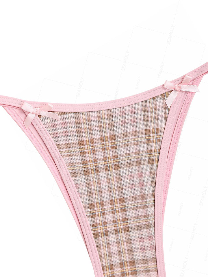 Seamolly Contrast Binding Plaid Bowknot Triangle String Bikini Set