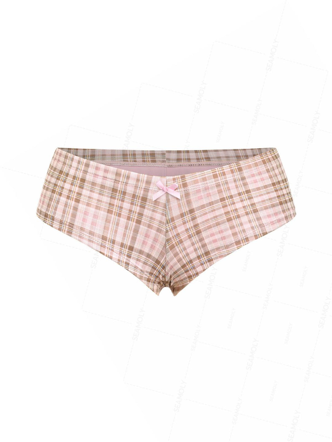 Seamolly 3 Piece Contrast Binding Plaid Bowknot Triangle Cheeky Boyshort Bikini Set